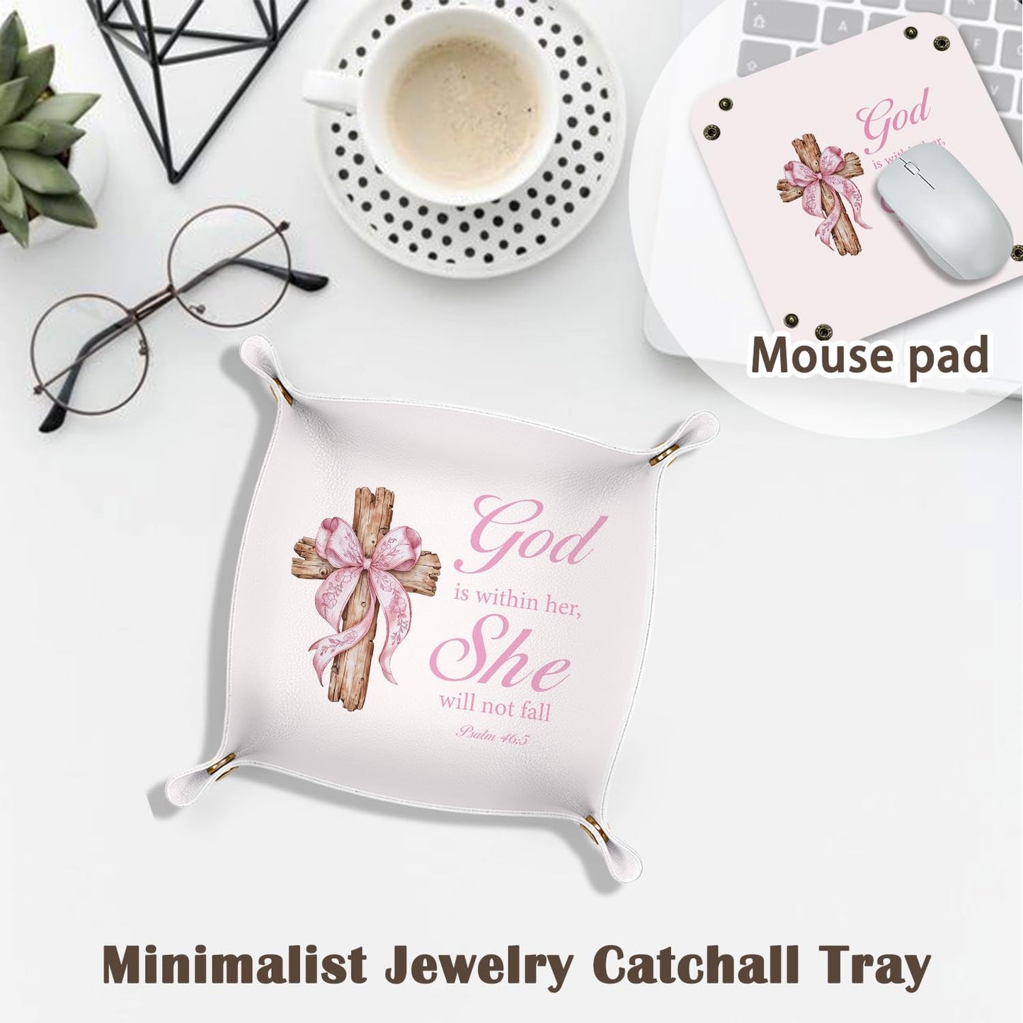 Inspirational Gifts for Women Jewelry Valet Tray, Motivational Positive Affirmations Gifts for Women, Blue Retro Nightstand Desk Accessories PU Leather Tray Organizer for Jewelry Rings Watches