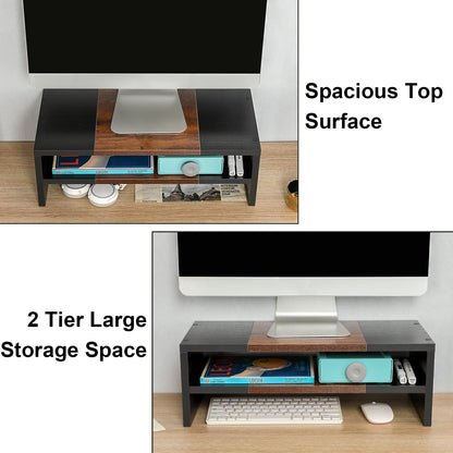 TEAMIX 2 Tiers Wooden Desktop Monitor Stand Riser 20 Inch Printer Stand with Double Storage Small TV Riser Laptop Keyboard Holder Business Desk Organizer Shelf Black Bookshelf