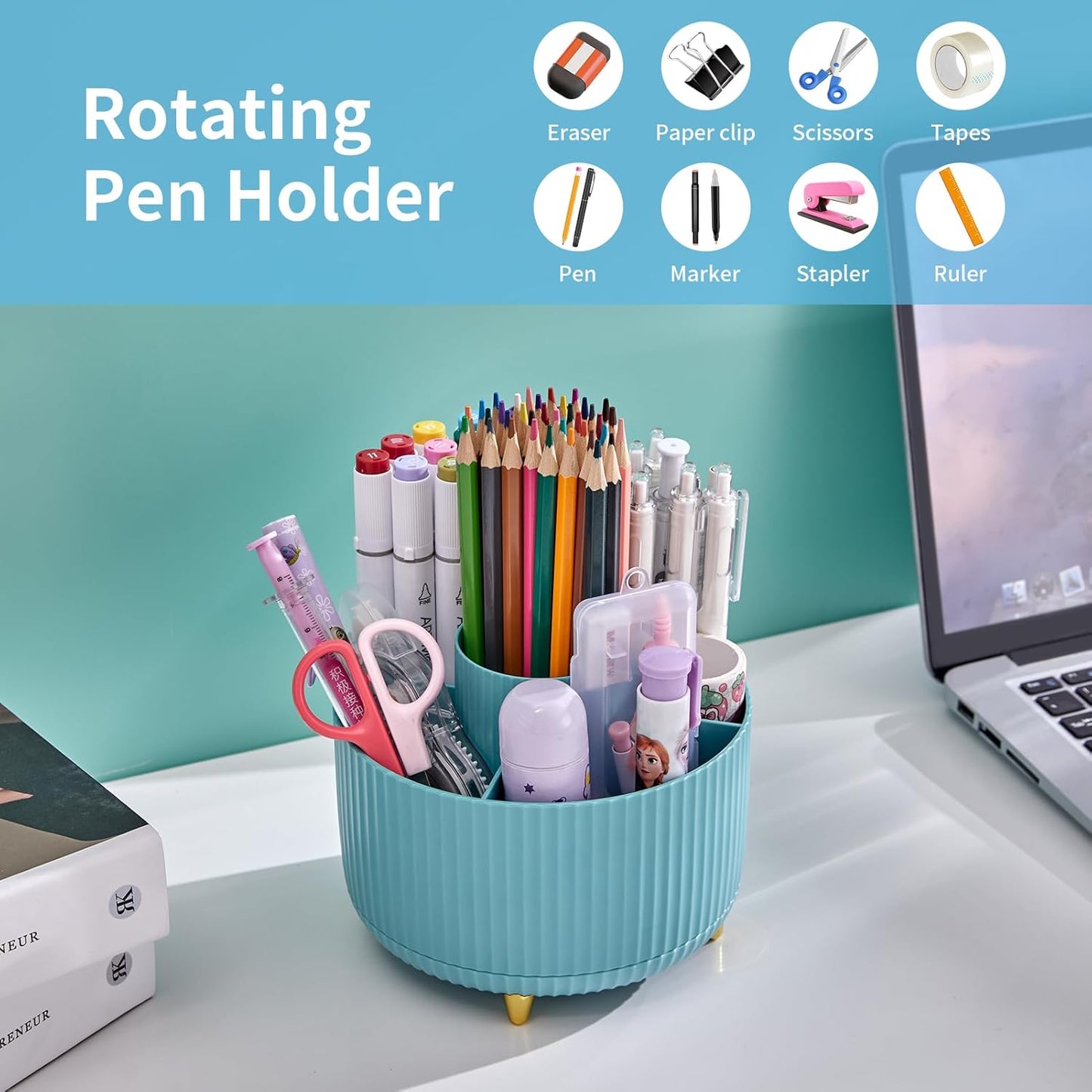 Marbrasse Desk Organizer, 360-Degree Rotating Pen Holder, Desk Organizers and Accessories with 5 Compartments Pencil Holder, Art Supply Storage Box Caddy for Office, Home（White）