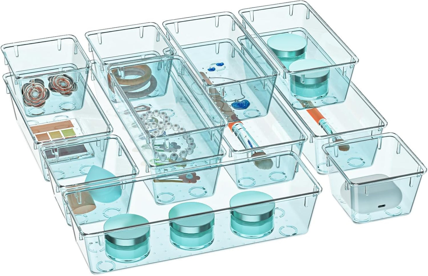 WOWBOX 6 Pack Clear Drawer Organizer Set, Acrylic Drawer Storage Trays, Storage Bins for Makeup, Cosmetics, Jewelries, Utensils, Gadgets, Office