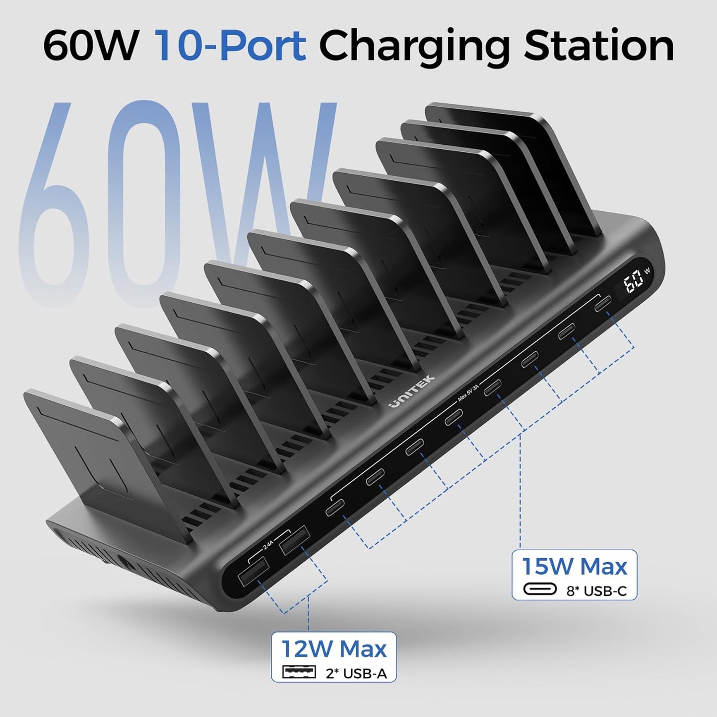 Unitek 10-Port Desktop Charging Dock Ultimate Charging Station for Multiple Devices, iPhones & Apple Products High-Speed USB Hub with LED Display for Office, Kitchen Counter, Desk Organizer