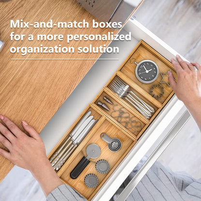 Bamboo Kitchen Drawer Organizer,Stackable Silverware Tray Utensil Organizer Cutlery Holder for Kitchen,Wooden Storage Box for Bathroom, Multi-Use Drawer Organizer for Office,Makeup(12x6x2.5 inch）