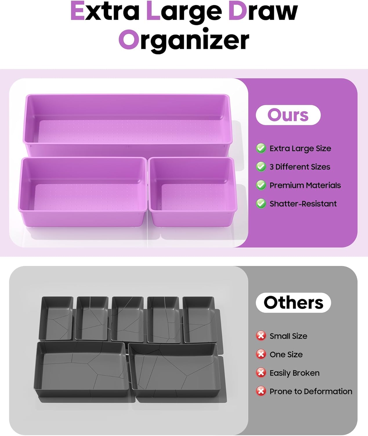 10 Pack Large Size Plastic Drawer Organizers Set, 3 Sizes Desk Drawer Organizer Trays, Storage Bins for Vanity, Makeup, Bathroom, Kitchen Utensils and Office (Black)