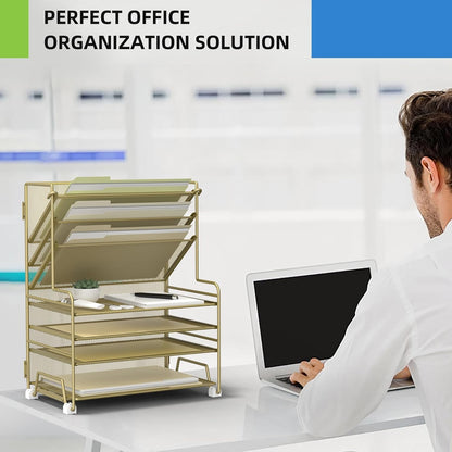 MINDEPOT 4-Tier Paper Organizer + 3-Pocket File Holder + Drawer + Pen Holders, Desktop File Organizers Paper Tray for Office Accessories School Classroom Organization (Black)