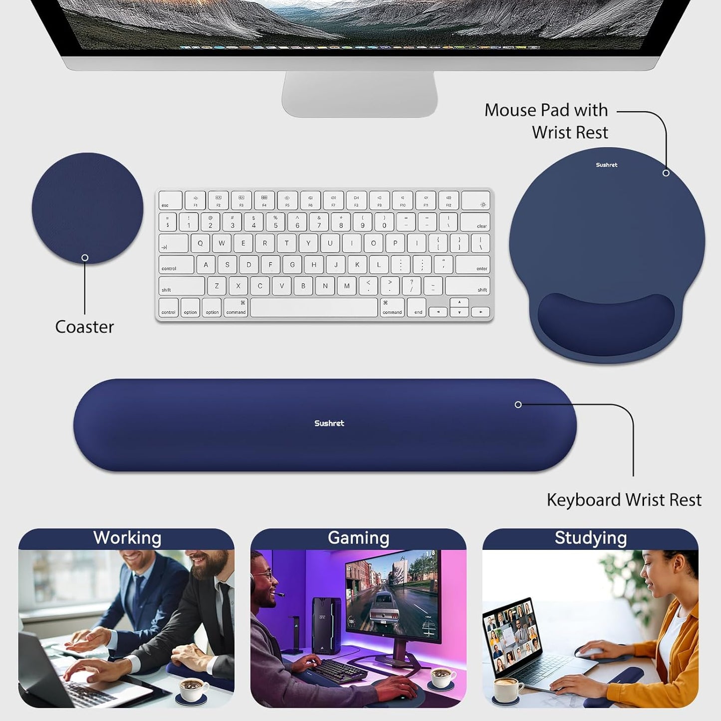 Sushret Mouse Pad and Keyboard Wrist Rest, 3-in-1 Gel Memory Foam Ergonomic Mouse Pad with Wrist Rest Set,Gaming Mousepad Arm Cushion Support for Computer Office Desk Accessories Cute Setup,Sage Green