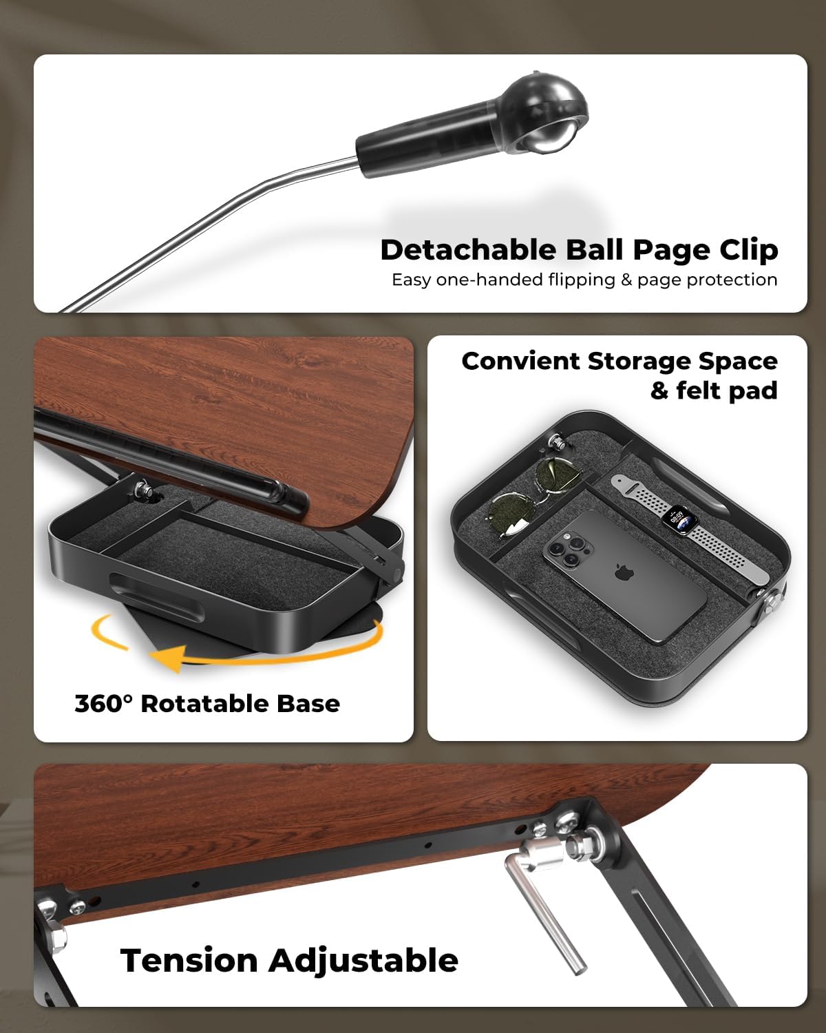 Adjustable Book Stand with Storage Drawer, 360° Rotating Book Holder, Height & Angle Adjustable, Extra-Wide Page Clips for Thick Books, Wood & Aluminum Book Stand for Desk, Study, Kitchen