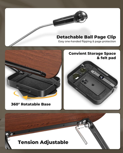 Adjustable Book Stand with Storage Drawer, 360° Rotating Book Holder, Height & Angle Adjustable, Extra-Wide Page Clips for Thick Books, Wood & Aluminum Book Stand for Desk, Study, Kitchen