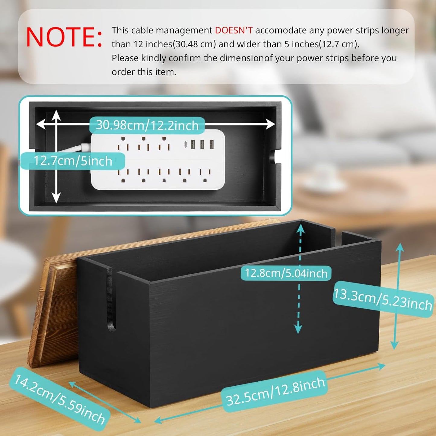 Bivvclaz Large Cable Management Box, Wooden Cord Organizer Box for Desk, Floor, Office to Hide Extension Cords Power Stripes Surge Protectors Chargers Wires, Black