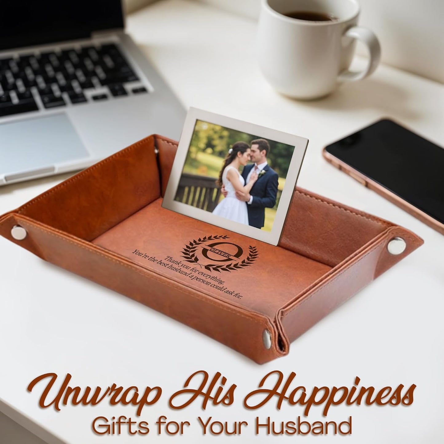 Personalized Engraved Leather Tray for Men with Engraved Name, PU Leather Valet Organizer for Dad, Custom Gift for Him, Custom Catchall Tray for Desk, Office, Accessories Travel Organizer for Men