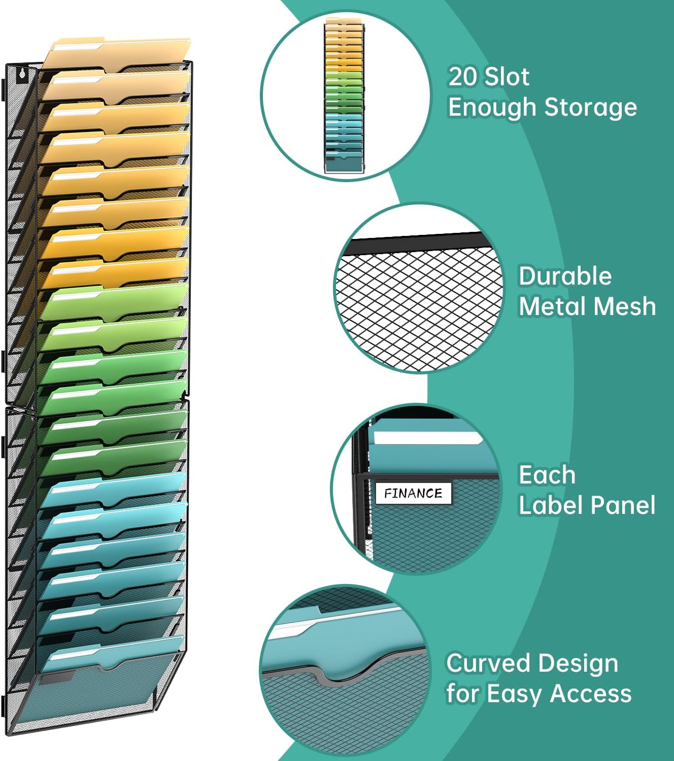 SUPEASY 5 Tier Wall File Organizer, Hanging Wall Mounted Mail Organizer with Label Slots, Metal Mesh File Holder Magazine Rack for Office, Home, School or Classroom, Black