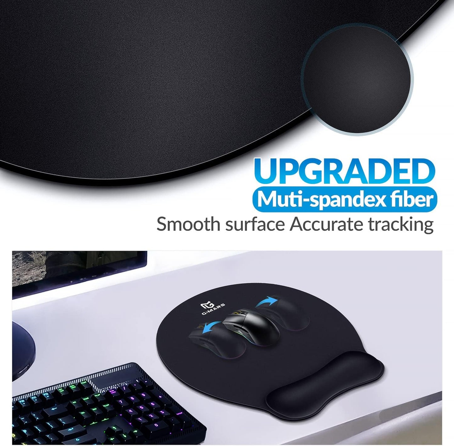 Gimars Elongate Smooth Lycra Fabric Ergonomic Mouse Pad Wrist Support, Gel Memory Foam Cushion Set Keyboard Wrist Rest Support, Pain Relieve for Computer, Laptop, Office, School, Home, Gaming, Black