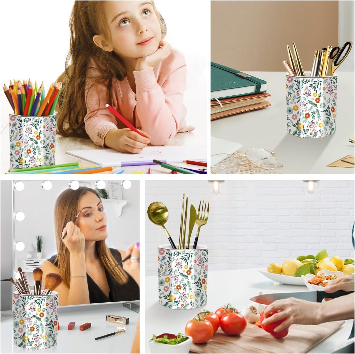 WAVEYU Ceramic Pen Holder for Desk Cute, Pencil Cup Pot Desk Organizer, Makeup Brush Holder for Women, Men, Kids, Desk Marble Decor for Office, Classroom, Home, Gray Golden