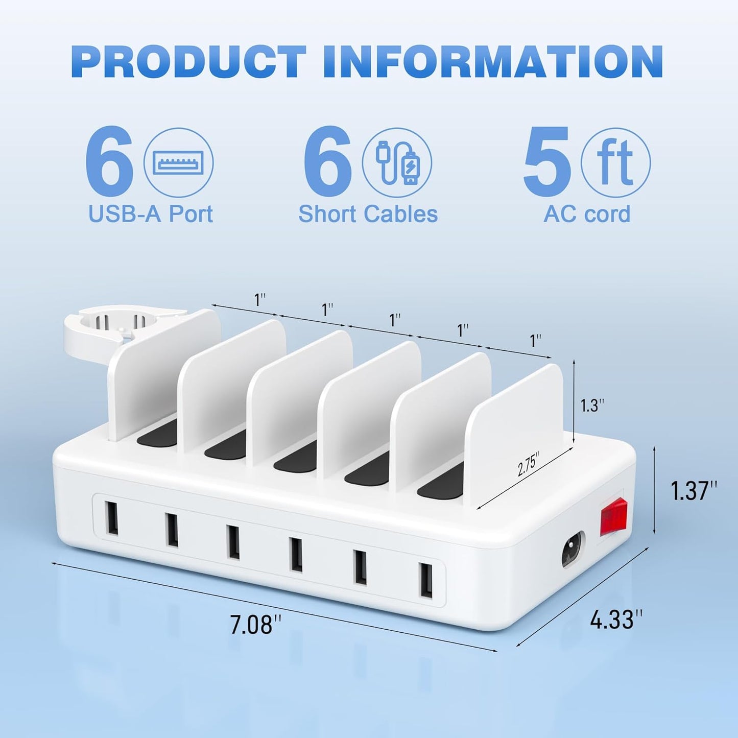 CREATIVE DESIGN Charging Station for Multiple Devices, 50W 6 Ports Charging Dock with 6 Cables Compatible with Cellphone,Tablet, Kindle, Apple Watch and Other Electronic