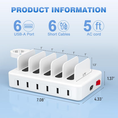 CREATIVE DESIGN Charging Station for Multiple Devices, 50W 6 Ports Charging Dock with 6 Cables Compatible with Cellphone,Tablet, Kindle, Apple Watch and Other Electronic