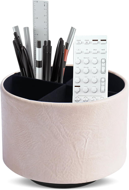Hennaja Round Leather Art Supply Organizer,Remote Control Holder,360 Degree Rotating,Multi-Functional Pencil Holder,4 Compartments Desktop Stationary Organizer(1-Blue Bird) - Colors C