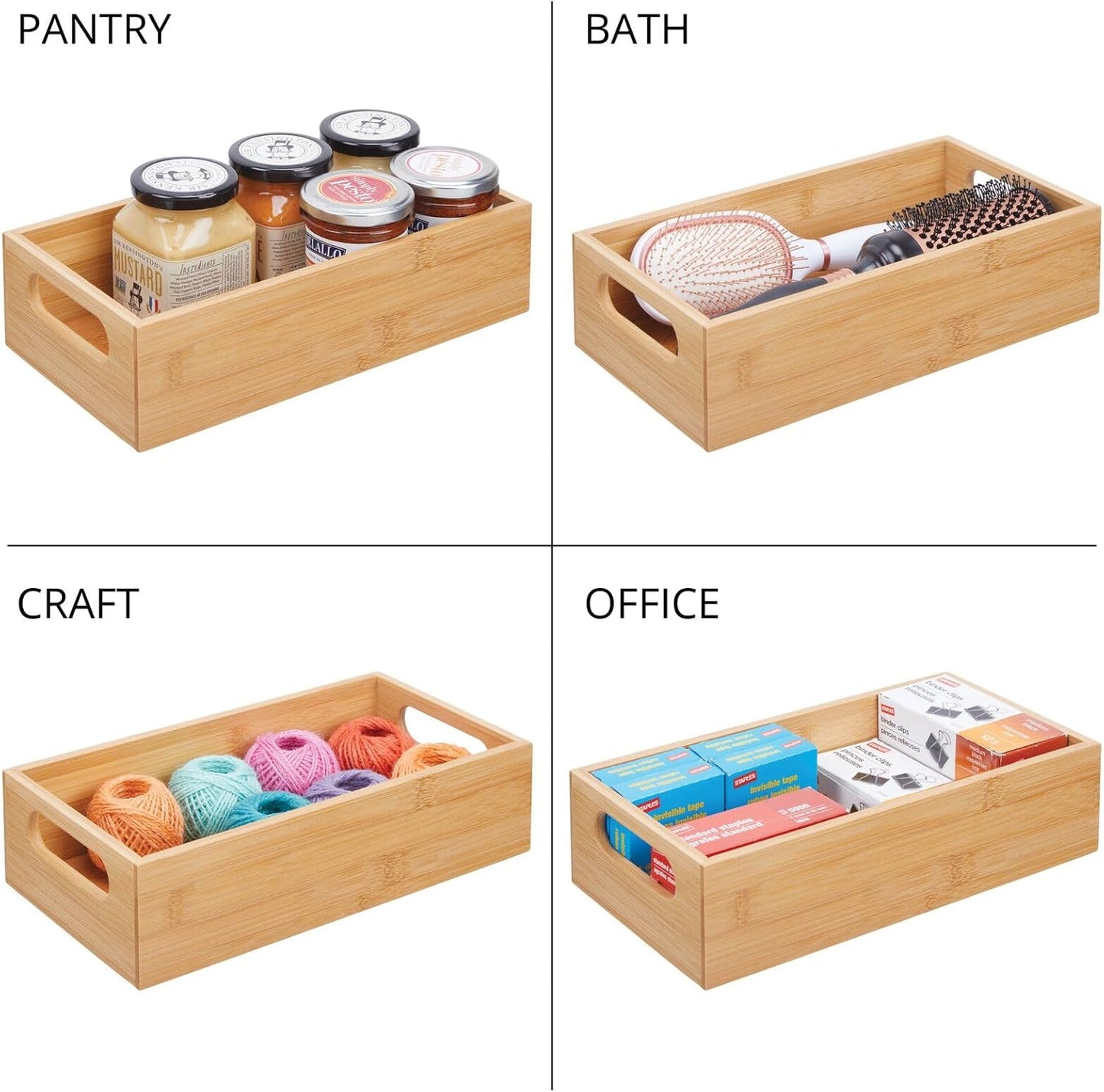 mDesign Kitchen Storage Box – Open-Top Bamboo Storage Tray with Handles – Versatile Cupboard Organiser for Shelves, Pantries, Surfaces and Cupboards – Natural