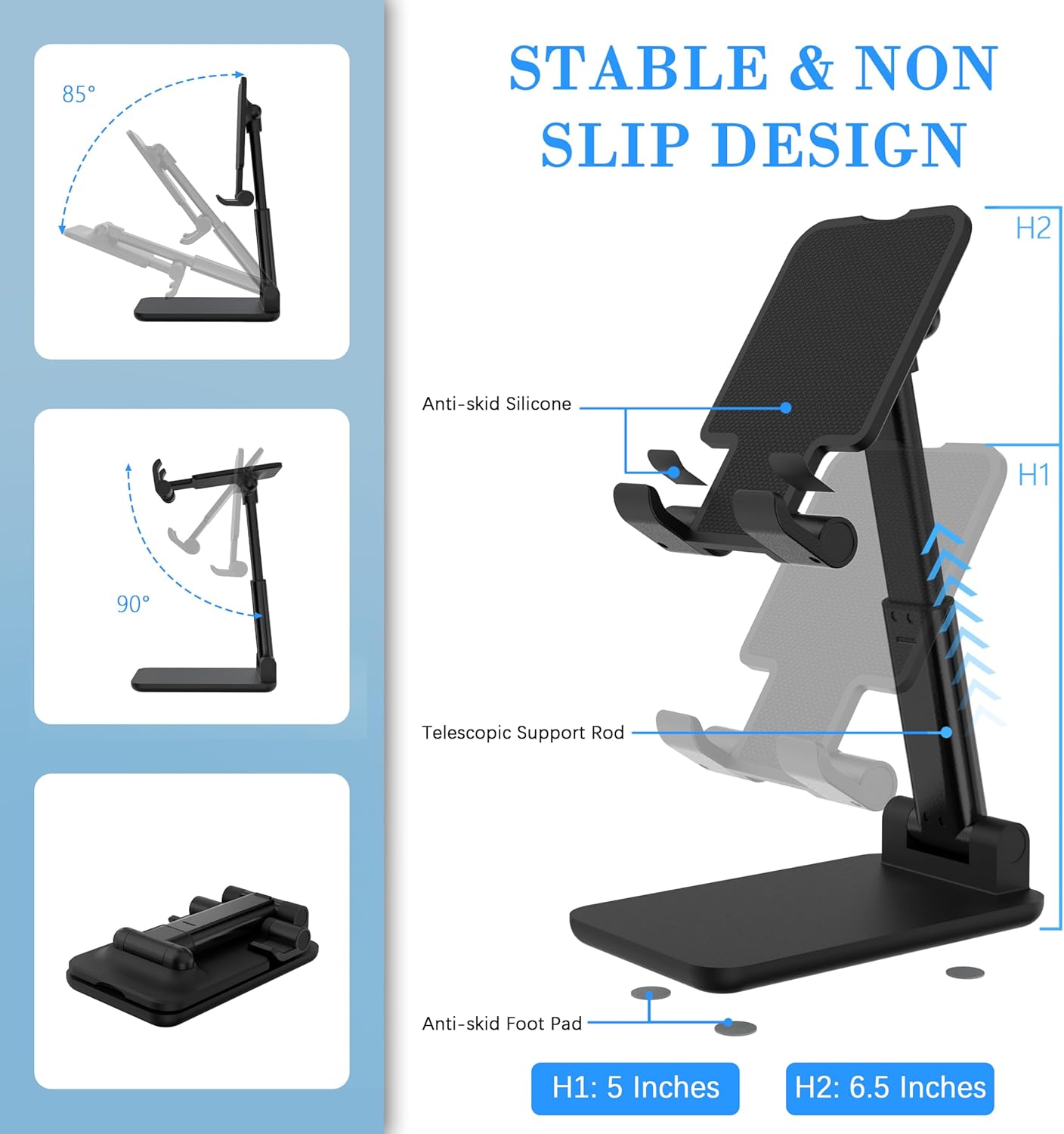 Cell Phone Stand, Adjustable Angle and Height Cell Phone Holder for Desk, Foldable and Portable, Anti-Slip Silicone Pad, Compatible with All Mobile Phones and 4-8 Inch Devices, Pink