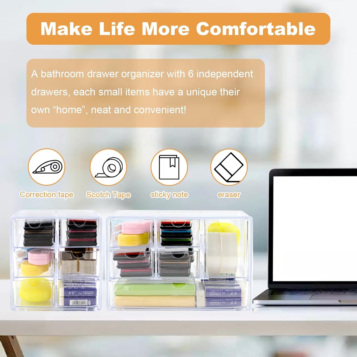 Acrylic Drawer Organizer with 6 Drawers, 2 Set Clear Dustproof Desk Organizers and Accessories, Stackable Storage Drawers for Stationery, Makeup, Jewelry, Pen, Art Craft Supplies, Office