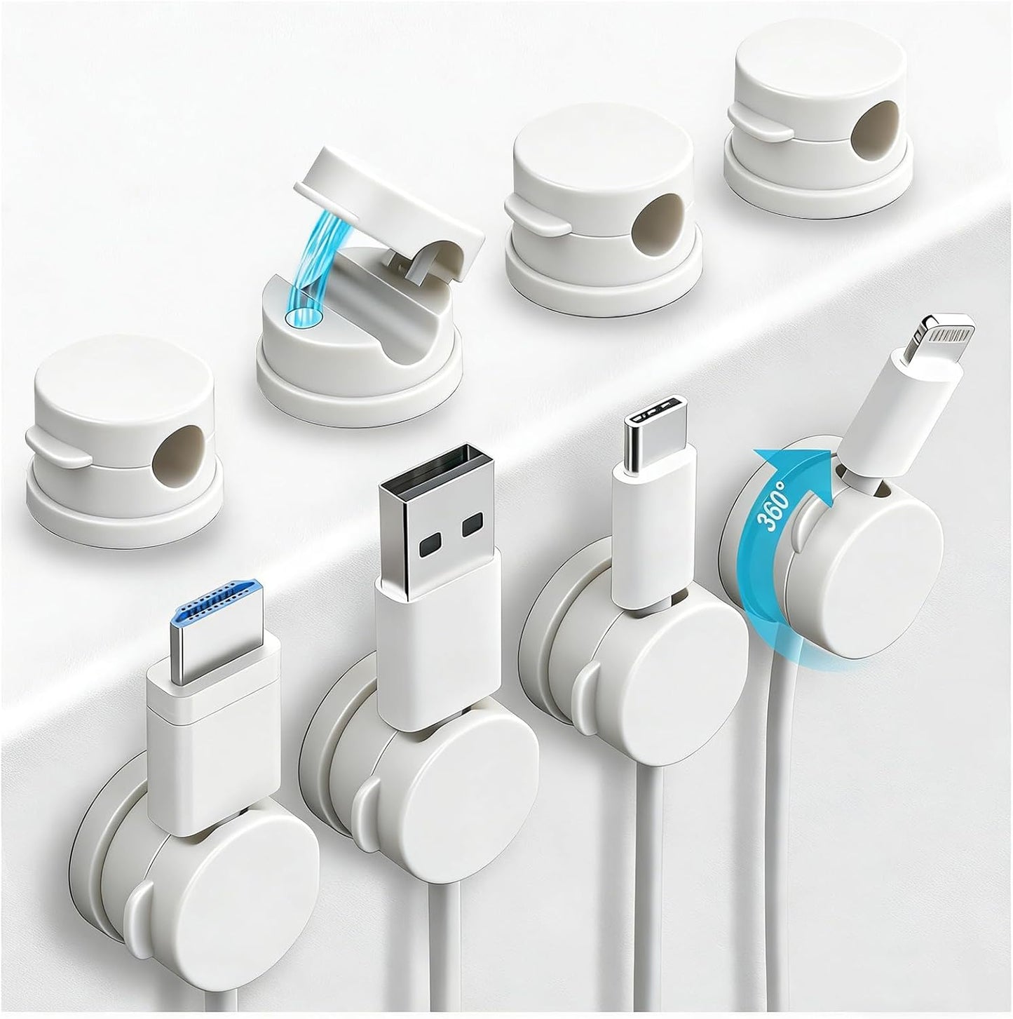 OneLeaf 8 Pack 360° Rotatable Strong Magnetic Cable Clips Cord Holder for Nightstand, 1s Lock Phone Charger Holder, Adhesive Magnetic Cord Clips for Home/Office/Car/Game Station, Smooth Adjustable