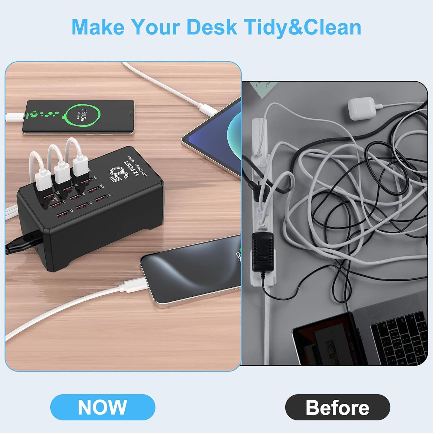 50W 12-Port USB Charging Station for Multiple Devices-Portable USB Charging Hub Compatible with iPhone, Android, Tablet, AirPods & More-Compact Charger Block for Home, Office & Entrepreneur.