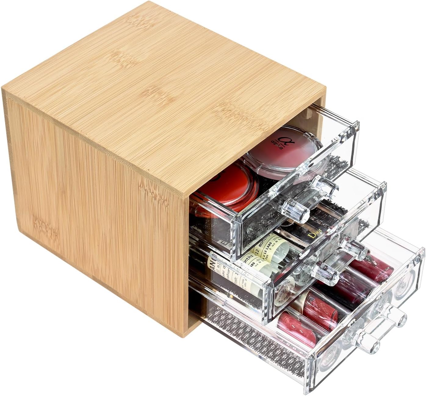 Ikee Design Bamboo Makeup Organizer, Desktop Drawer Organizer with Three Clear Acrylic Drawers, Office Desk Organizer for Lipsticks, Cosmetics, Jewelry, and Accessories for Vanity, Home