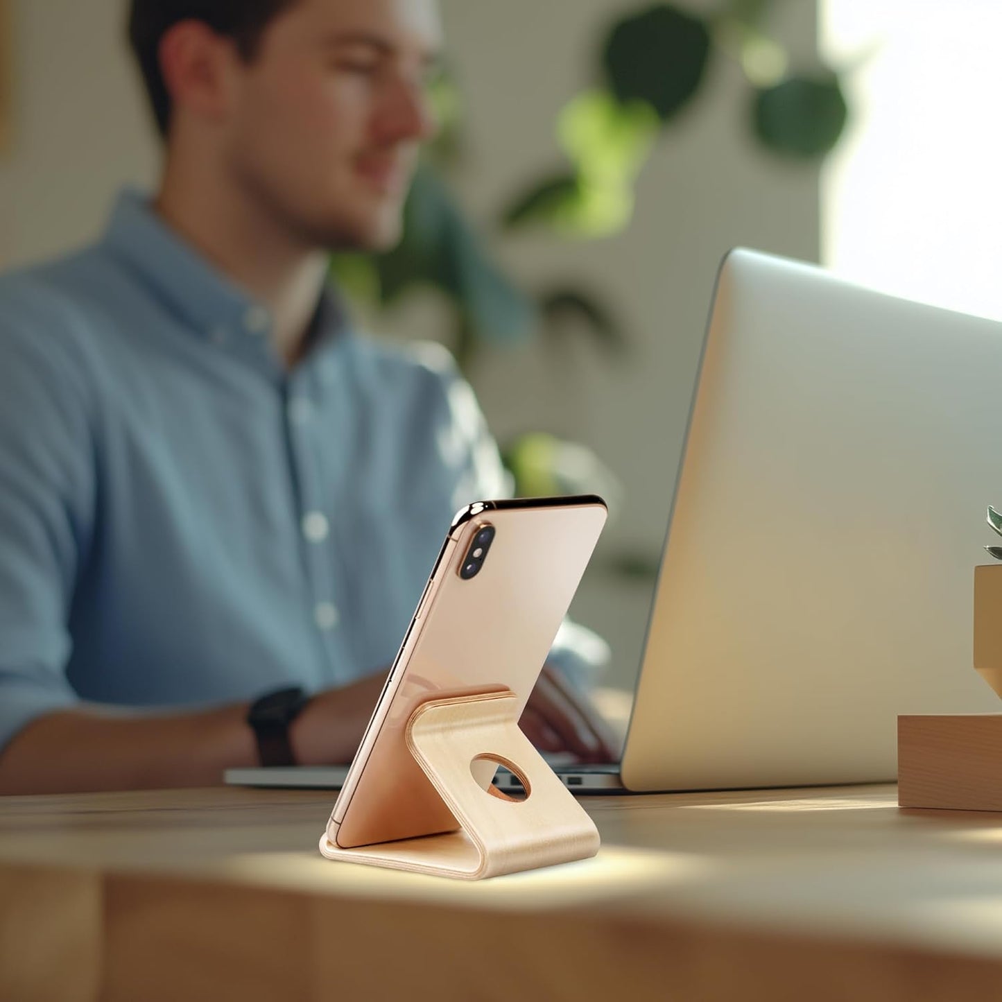 Cell Phone Stand for Desk - Portable Wood Phone Holder for Bed Compatible with iPhone 16 15 14 13 Pro Max 12 11 iPad mini, Smartphone, Wooden Office Aesthetic Desk Accessories
