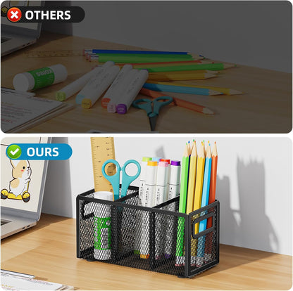 Marbrasse Mesh Pen Holder for Desk,Pencil Holder Desk Organizer 3 Adjustable Compartments,Pencil Cup with Handle Perfect for Classroom, Office, Home,Makeup,Art (Black)