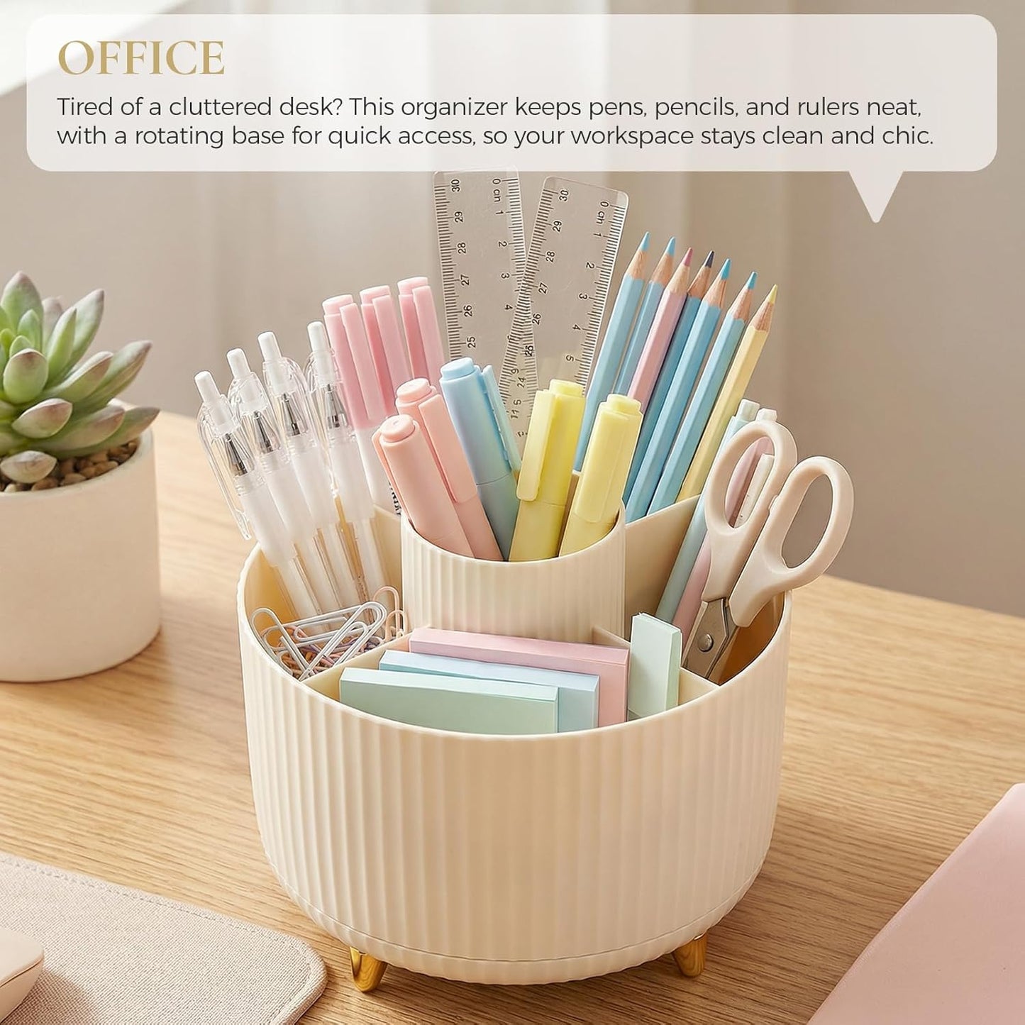 KONVINIT Pencil Pen Holder for Desk, 5 Slots 360 - Degree Rotating Desktop Organizer, Cute Desk Organizers and Accessories for School, Home, Office and Art Supply, Beige