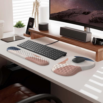 HAOCOO Keyboard Wrist Rest, Ergonomic Mouse Pad with Wrist Rest, 3 in 1 Keyboard and Mouse pad with Coaster Set, Memory Foam Wrist Support, Non-Slip PU Base for Home Office, Rose Gold Pink