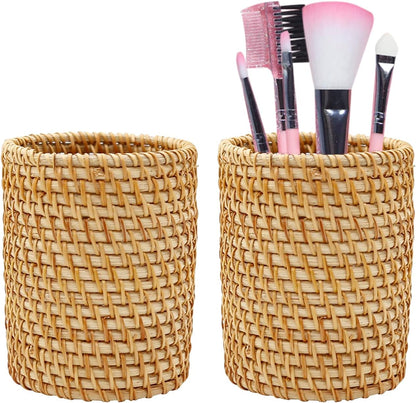 2 Pack Rattan Pencil Holder for Desk Handmade Pen Organizer Bucket Boho Desk Accessories Pen Cup Holder Aesthetic Holder for Desk Cute