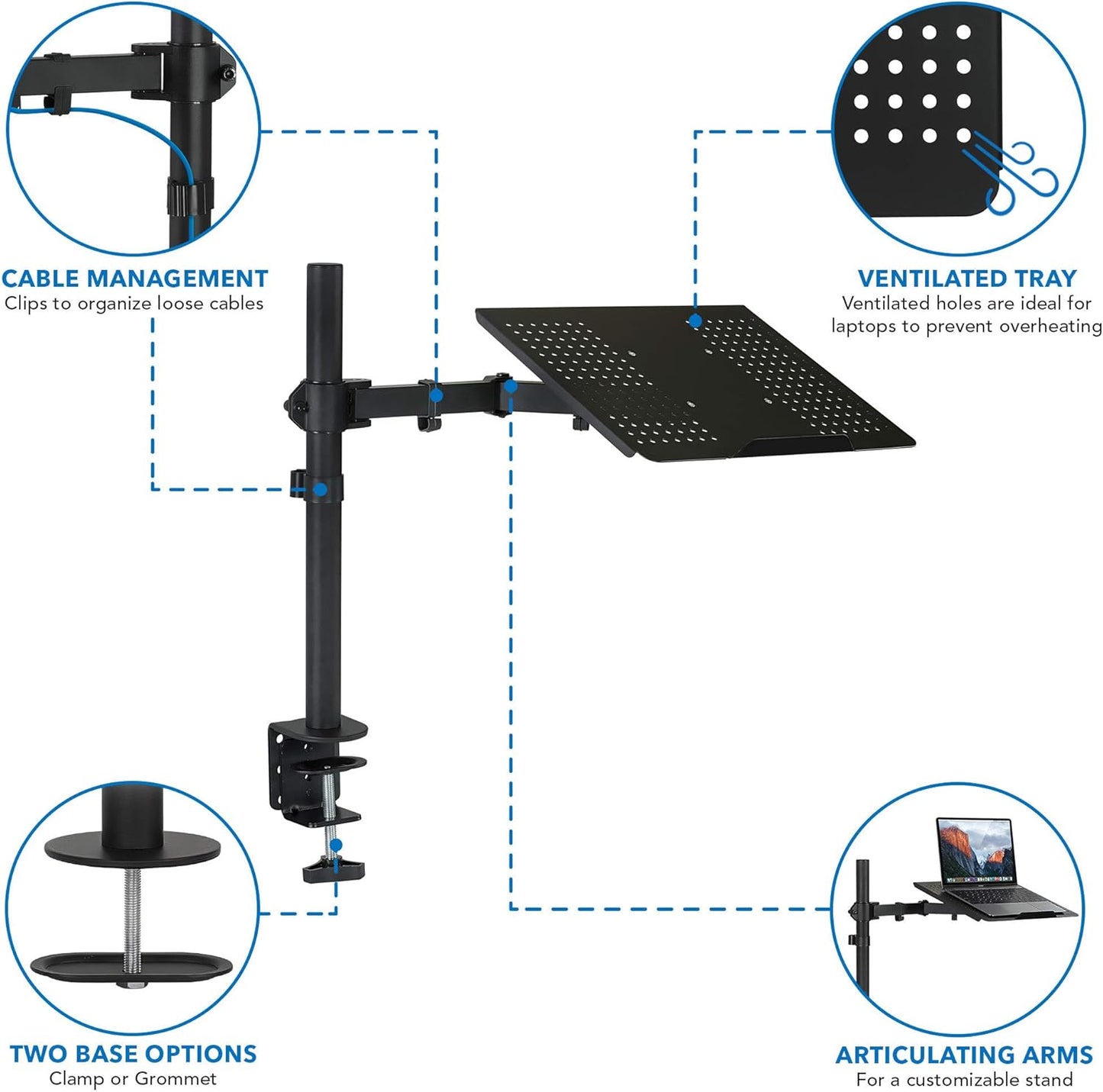 Mount-It! Laptop Desk Mount with Pole, Height Adjustable Laptop Stand Mount for Desk with Vented Tray, Full Motion Laptop Arm for 11–17 Inch Laptops, 22 lb Capacity, Clamp or Grommet Base