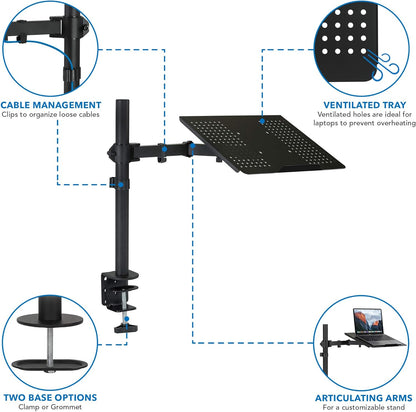 Mount-It! Laptop Desk Mount with Pole, Height Adjustable Laptop Stand Mount for Desk with Vented Tray, Full Motion Laptop Arm for 11–17 Inch Laptops, 22 lb Capacity, Clamp or Grommet Base