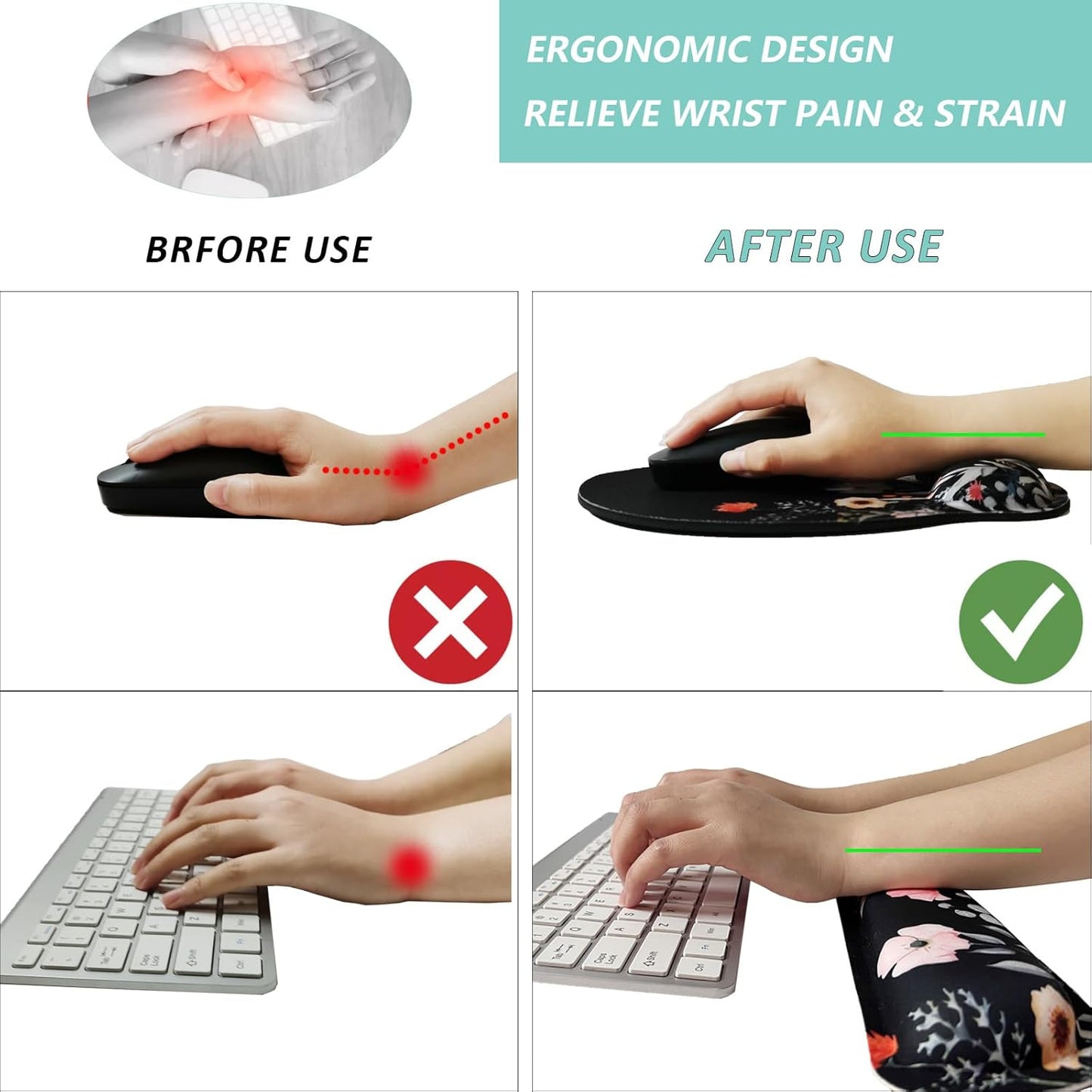 Keyboard Wrist Rest Pad Mouse Pad with Wrist Support Set of 3, Mousepad with Non-Slip Rubber Base, Ergonomic Memory Foam Mouse Wrist Cushion Support for Home Office Laptop Computer, Flower Black