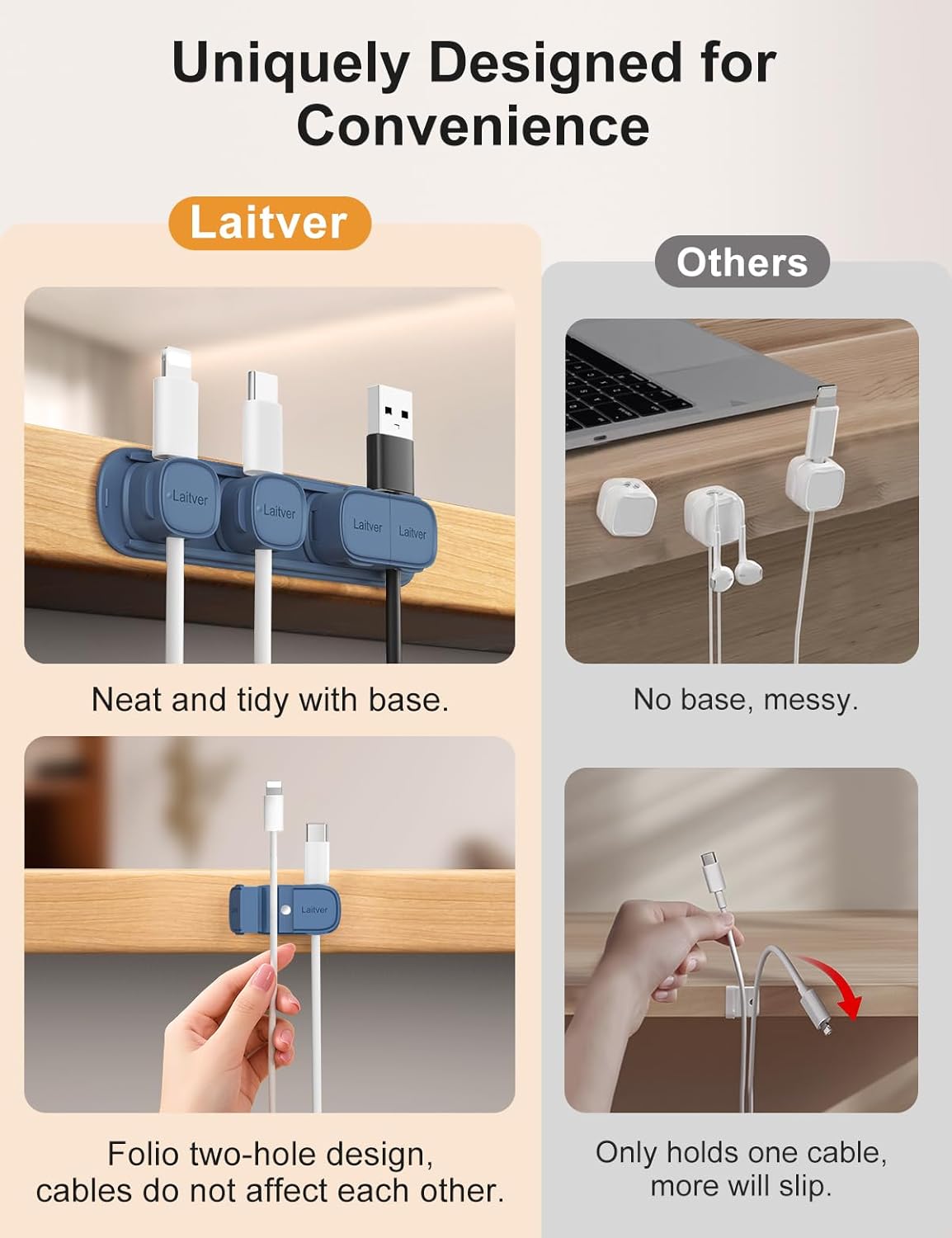 6 Pack Magnetic Cable Clips [1s Open/Lock], Laitver Cord Organizer Holder Strong Adhesive Desk Cable Management- Organize Charging Cords Neatly for Home, Office, Car,Desk, Nightstand