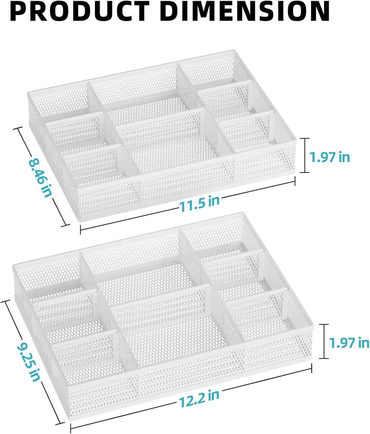 Marbrasse 2 Pack Desk Drawer Organizer, Mesh Drawer Organizer Tray with 8 Adjustable Compartments, Desk Organizers and Accessories, 5 Dividers Drawer for Office Supplies, Makeup & Vanity (Black)
