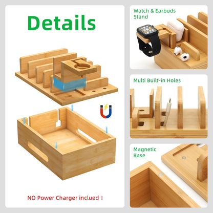 Bamboo Charging Station with Watch Stand, Desktop Charging Station Organizer, Wood Docking Station for Phones, Tablets, Watch, Earbuds (No Power Supply)