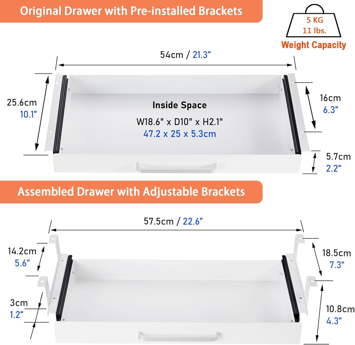 Under Desk Drawer Organizer 21" White Upgrade with Adjustable Brackets, Sliding Pull-Out Under Table Pencil Drawer, Office Standing Desk Attachment for Workbench