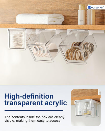 Hanging Cabinet Organizer – 33° Tilted Under Desk Drawer & Bathroom Storage – Self-Adhesive Clear Pull-Out Bins for Kitchen, Office & Vanity (Medium)