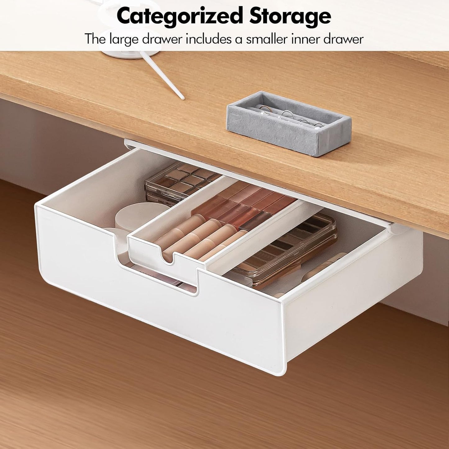 Poeland Under Desk Drawer Organizer, Under Table Slide Out Drawer with Small Drawer Compartment, Hidden Drawer Organizer for Office, Home