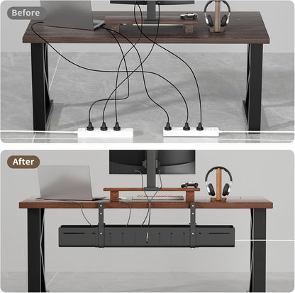 Under Desk Cable Management Tray, Expandable 25.2"–38.6" Heavy Duty Carbon Steel with Clamp, Hidden Cord Organizer for Desk, Home Office & Standing Desk, No Drill Installation, Black