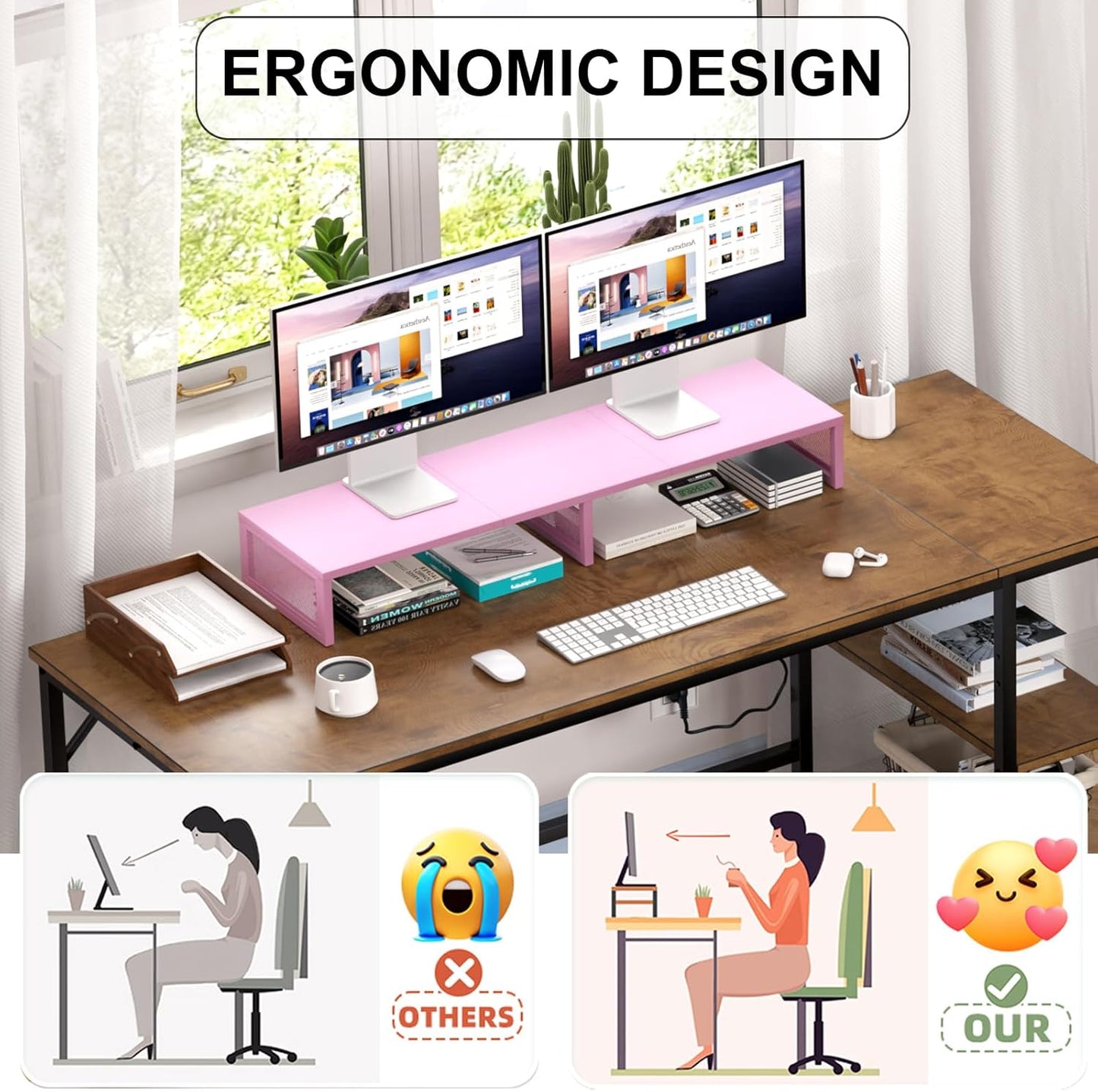 Dual Computer Monitor Stand Riser, Desk Organizers and Accessories, Printer & TV Stand, Desk Shelf, Office Desk Accessories & Desktop Workspace Organizer for Office Supplies, Black