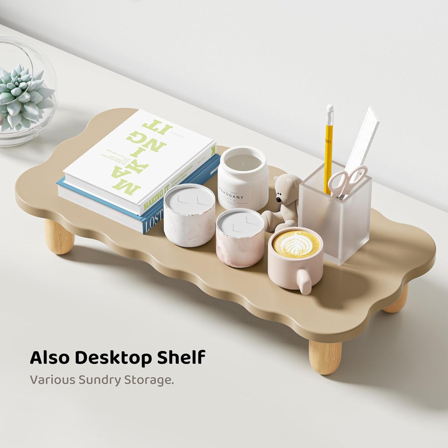 AFOOYO Monitor Stand Riser, Cookie-Shaped Sturdy Wood Computer Monitor Stand for Desk, Ergonomic Desk Stand, Multi-Purpose Desktop Organizer Riser for Computer, Laptop, Printer, TV,White