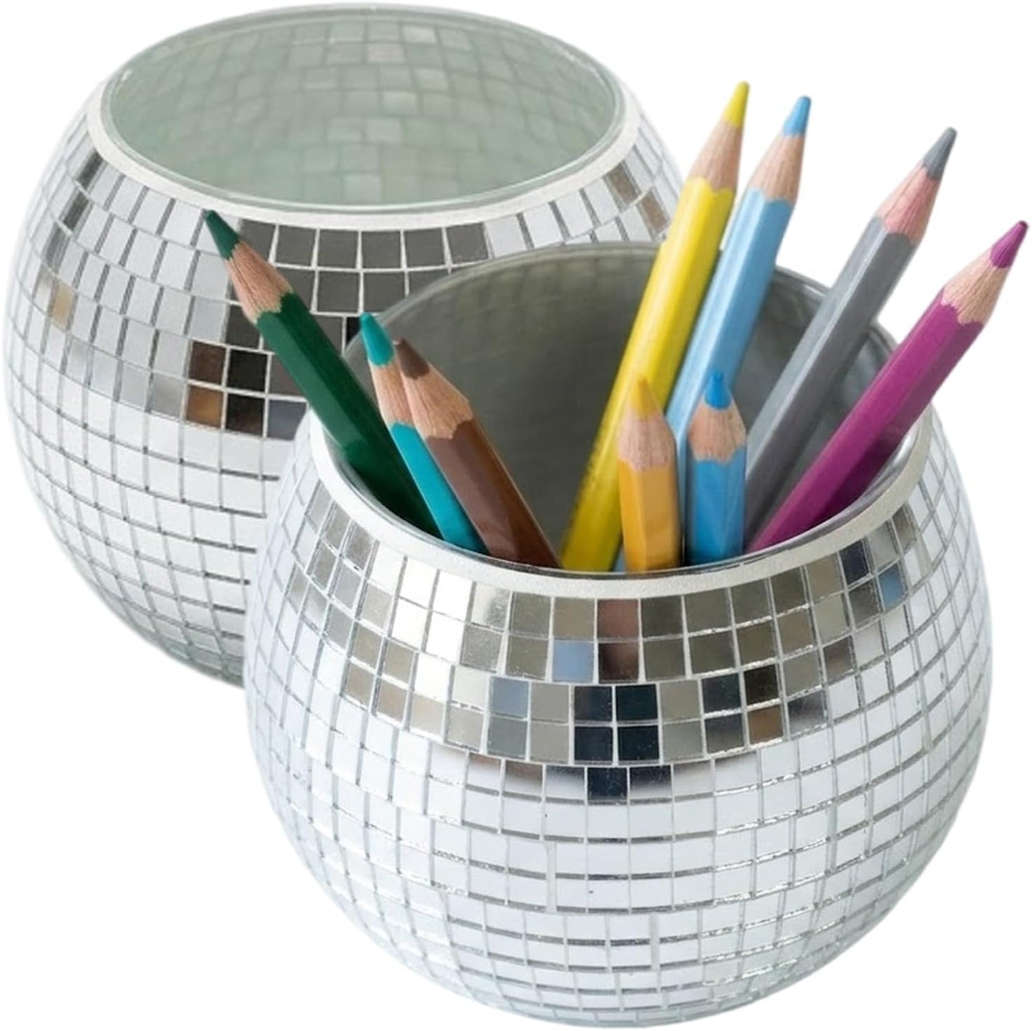 2 Pack Glass Disco Ball Makeup Brush with Smooth Grouting - Premium Mirror Mosaic Pencil Cup for Desk, Cute Pen Holder, Aesthetic Room Decor Gift (Iridiscente)