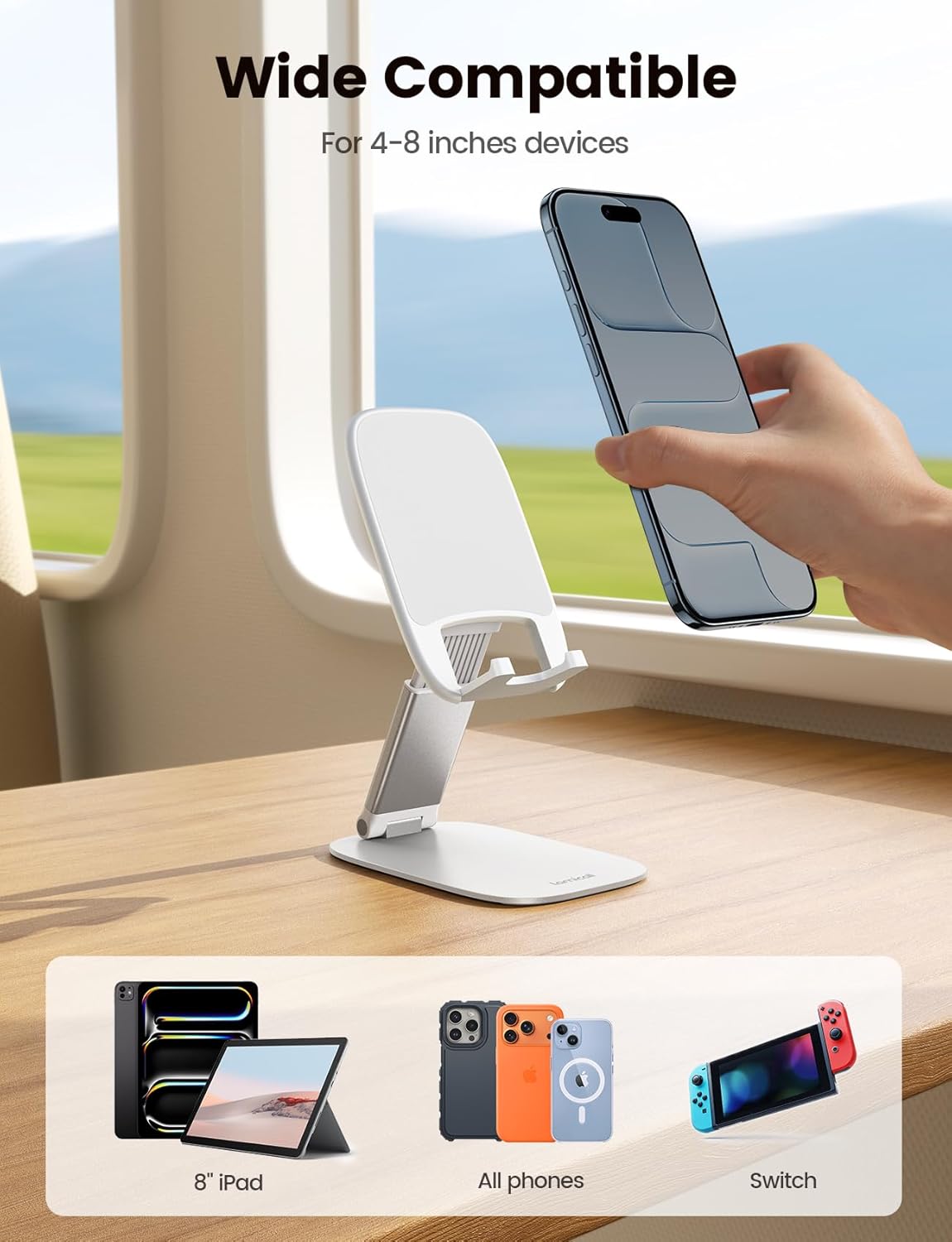 Lamicall Foldable Cell Phone Stand for Desk - [Ultra Thin] Portable Travel Holder, Height Adjustable, Weighted Metal Base, Thick Case Friendly for iPhone 17 16 15 Pro Max, Galaxy S26, Gift Mothers Day