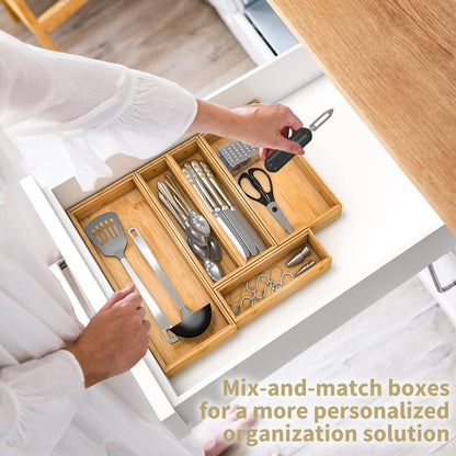 Bamboo Kitchen Drawer Organizer,Stackable Silverware Tray Utensil Organizer Cutlery Holder for Kitchen,Wooden Storage Box for Bathroom, Multi-Use Drawer Organizer for Office,Makeup(12x6x2.5 inch）