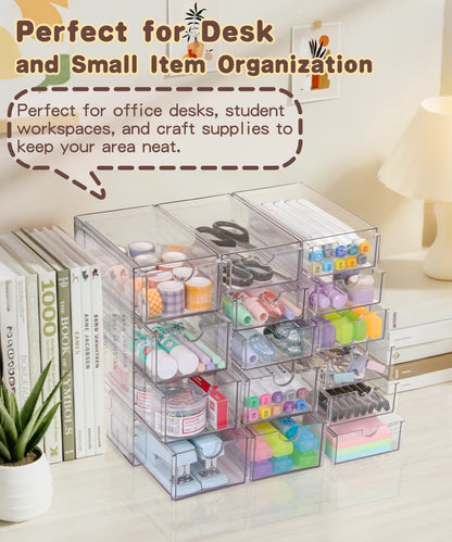 VZKAH Clear Acrylic Organizer with Drawers | 15-Drawer Desktop Unit | Makeup & Desk Organization and Storage Box for Office, Craft, Vanity Table, Bathroom, Home Essentials