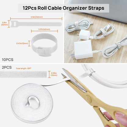 Cable Management Kit - 4 Cable Sleeve, 57 Self Adhesive Cable Clips, 12 Hanging Strips, 12 Cable Organizer Straps and 100 Fastening Cable Ties for TV Computer Under Desk (Black and White)