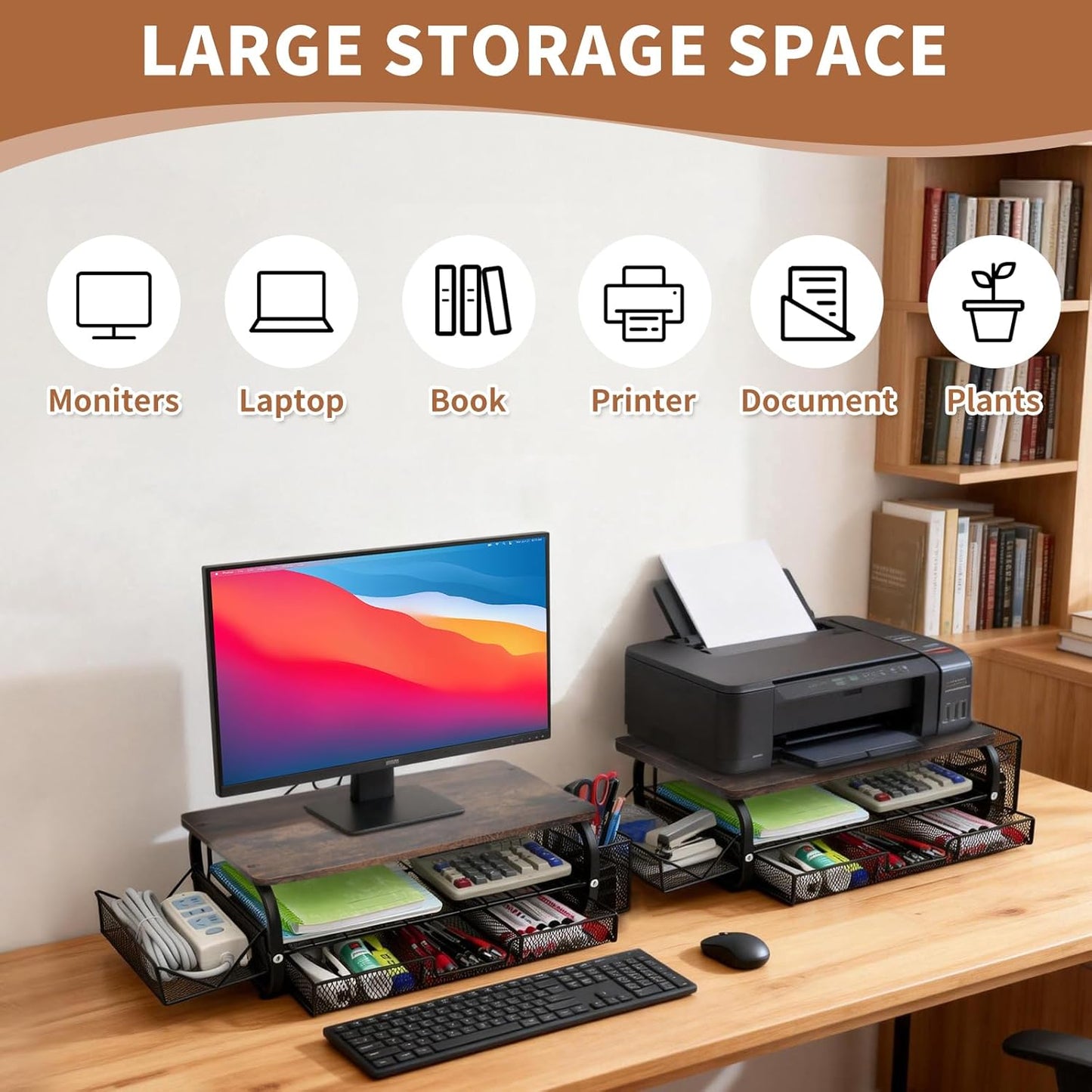 Desk Organizers and Accessories Monitor Riser, Monitor Stand with Drawer (2-Tier Drawers) with Large Side Storage Rack & Cable Management,66LBS/30KG, Office Organization, Walnut Brown