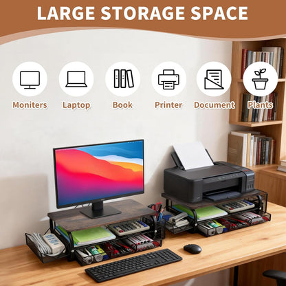 Desk Organizers and Accessories Monitor Riser, Monitor Stand with Drawer (2-Tier Drawers) with Large Side Storage Rack & Cable Management,66LBS/30KG, Office Organization, Walnut Brown