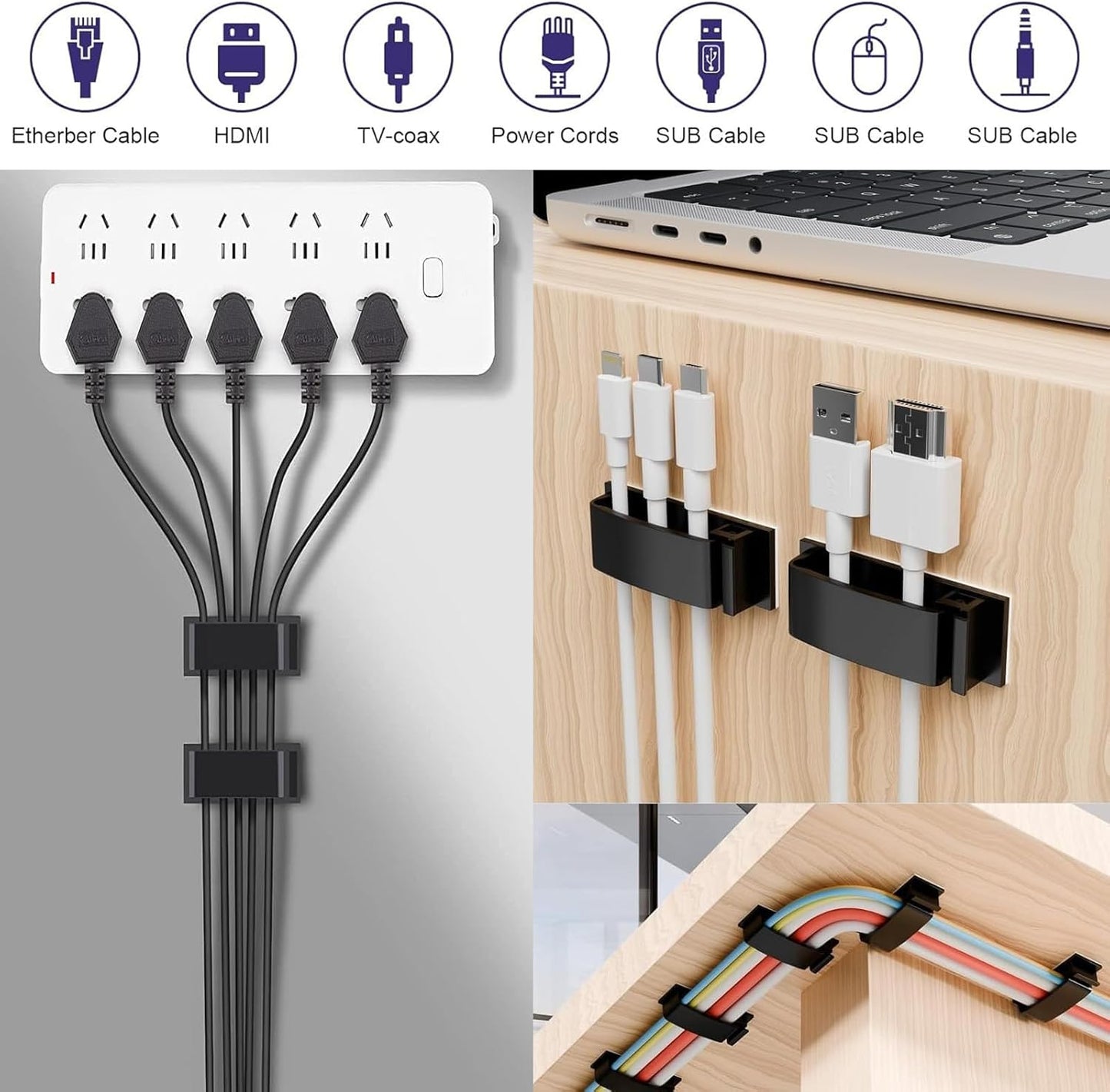 for Desk Under Table Wire Management Adhesive Cable Clips 49Pcs(Black).Used for Computer pc,tv,ethernet Wires Cable Management on Large Cable Hooks Organizer Clips (Black, Large：29PCS)